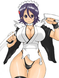Rule 34 | 1girl, black hair, black panties, black thighhighs, blush, breasts, cleavage, cowboy shot, curvy, groin, hair ornament, hairclip, highleg, highres, huge breasts, iroha (samurai spirits), japanese clothes, large breasts, looking at viewer, maid, maid headdress, panties, purple eyes, purple hair, rai on (abc3639), samurai spirits, shiny skin, short hair, simple background, smile, snk, solo, standing, thighhighs, thighs, underwear, weapon, white background, wide hips