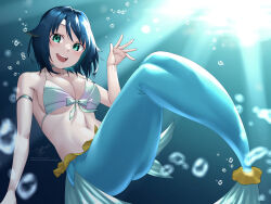 Rule 34 | 1girl, :d, air bubble, awono nanaumi, bikini, blue hair, breasts, bubble, cleavage, collarbone, commentary request, fukami nana (awono nanaumi), green eyes, hair flaps, highres, large breasts, mermaid, monster girl, navel, open mouth, original, short hair, smile, solo, swimsuit, teeth, underwater, upper teeth only