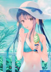 Rule 34 | 1girl, absurdres, bare arms, bare shoulders, bikini, black hair, blue bikini, blurry, breasts, cleavage, cloud, cloudy sky, collarbone, day, depth of field, eating, fence, food, hair ribbon, halterneck, hand up, hat, hat ribbon, highres, hiten (hitenkei), holding, holding food, holding spoon, horizon, ice cream, long hair, looking at viewer, medium breasts, melonbooks, navel, ocean, outdoors, pink eyes, plant, ribbon, scan, side-tie bikini bottom, sidelocks, sky, solo, spoon, stomach, sun hat, swimsuit, twintails, white hat