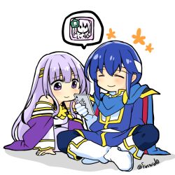 Rule 34 | 1boy, 1girl, blue cape, blue hair, brother and sister, cape, cellphone, circlet, dress, fire emblem, fire emblem: genealogy of the holy war, fire emblem heroes, headband, holding, holding phone, julia (fire emblem), long hair, nintendo, phone, purple cape, purple eyes, purple hair, seliph (fire emblem), siblings, simple background, sitting, smartphone, white headband, yukia (firstaid0)