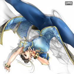 Rule 34 | 1girl, artist name, blue pants, bracelet, breasts, brown hair, cai-man, capcom, chinese clothes, chun-li, earrings, eyeshadow, fighting stance, hair ribbon, highres, jewelry, large breasts, lipstick, makeup, pants, pearl earrings, red eyeshadow, ribbon, simple background, solo, spinning bird kick, street fighter, street fighter 6, tight clothes, tight pants, watermark, white background, yellow ribbon