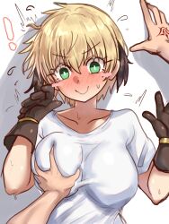 Rule 34 | 1boy, 1girl, absurdres, blonde hair, blush, blush stickers, breast hold, breasts, ebora, fate/grand order, fate (series), gareth (fate), green eyes, hair flaps, highres, large breasts, pillow, shirt, short hair, smile, white shirt