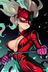 Rule 34 | 1girl, artist name, atlus, blue eyes, bodysuit, breasts, cat mask, cleavage, clenched hands, dark background, gloves, hair blowing, latex, latex bodysuit, looking to the side, mask, no bra, optionaltypo, persona, persona 5, purple gloves, sega, smile, solo, takamaki anne, upper body, whip, zipper