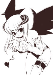Rule 34 | 1girl, bare shoulders, bent over, blush, breasts, bridal garter, collarbone, cupping hands, demon girl, demon wings, detached sleeves, fingernails, greyscale, heart, horns, kinoshita ichi, long hair, looking at viewer, monochrome, open hands, own hands together, panties, ragnarok online, solo, standing, succubus (ragnarok online), thigh strap, underwear, wings