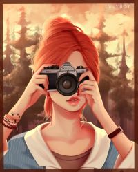 Rule 34 | 1girl, absurdres, bead bracelet, beads, bracelet, camera, collared shirt, fingernails, forehead, highres, jewelry, lips, lulybot, nail polish, nikon (company), orange hair, original, outdoors, parted bangs, red nails, shirt, solo, teeth, tree, upper body