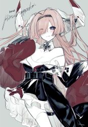 Rule 34 | 1girl, antenna hair, ariez, azur lane, bare shoulders, belt, belt pouch, black dress, black hairband, blush, breasts, character name, cleavage, closed mouth, collar, cross, detached collar, dress, frilled dress, frills, grey background, hair over one eye, hairband, hands up, highres, iron cross, large horns, layered dress, licking lips, long hair, long sleeves, looking at viewer, medium breasts, pink hair, pouch, prinz rupprecht (azur lane), purple eyes, red dress, simple background, sketch, sleeves past fingers, sleeves past wrists, solo, thigh belt, thigh strap, thighhighs, tongue, tongue out, white collar, white dress, white thighhighs