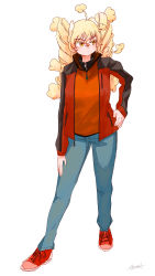 Rule 34 | 1girl, absurdres, ahoge, blonde hair, blue pants, blush, braid, closed mouth, contrapposto, denim, full body, hair between eyes, hand on own hip, highres, jacket, jeans, mofu mofuko (ryusei hashida), open clothes, open jacket, orange shirt, original, pants, red footwear, red jacket, ryusei hashida, shirt, shoes, signature, simple background, solo, twin braids, twintails, white background, yellow eyes