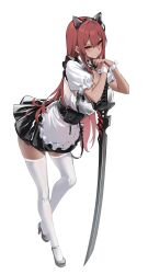 Rule 34 | 1girl, animal ears, apron, blush, breasts, cleavage, closed mouth, dress, fake animal ears, frills, high heels, highres, holding, holding sword, holding weapon, large breasts, long hair, looking at viewer, maid, maid apron, original, puffy sleeves, red eyes, red hair, solo, spider apple, sword, thighhighs, thighs, weapon, white background, wrist cuffs