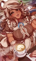 Rule 34 | 1girl, :d, ahoge, apron, blue ribbon, blush, breasts, brown dress, brown hair, cleavage, coffee, cup, dark-skinned female, dark skin, dress, food, frilled dress, frills, grey hair, heart, heart print, highres, holding, holding tray, large breasts, long hair, looking at viewer, maid, maid headdress, merunyaa, neck ribbon, open mouth, original, ribbon, smile, solo focus, teeth, tongue, tray, upper teeth only, wrist cuffs