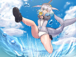 Rule 34 | 1girl, bikini, blue eyes, blue hair, blush, cetacean tail, common bottlenose dolphin (kemono friends), dolphin girl, dorsal fin, fins, fish tail, frilled bikini, frills, grey hair, highres, jacket, jacket over swimsuit, kemono friends, kemono friends 3, looking at viewer, mo23, multicolored hair, one eye closed, short hair, smile, solo, swimsuit, tail, water, white hair