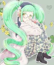 Rule 34 | 1girl, adjusting eyewear, bespectacled, black footwear, boots, braid, braided bangs, cardigan, commentary request, falala a larm, full body, glasses, green background, green hair, hands up, head chain, head scarf, headphones, highres, idol time pripara, jewelry, knees up, long hair, looking at viewer, open mouth, outline, pretty series, pripara, sa ioio, sidelocks, sitting, skirt, solo, twintails, very long hair, white cardigan, white outline, yellow eyes, yellow skirt