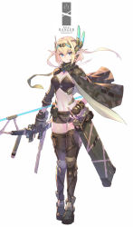 Rule 34 | 1girl, arrow (projectile), belt, blonde hair, blue eyes, bow (weapon), breasts, camouflage, cape, cleavage, compound bow, elf, english text, fingerless gloves, full body, gloves, green cape, green gloves, green shorts, green thighhighs, headset, holding, holding bow (weapon), holding weapon, long sleeves, looking at viewer, mecha musume, midriff, original, platform footwear, pointy ears, quiver, short hair, short shorts, shorts, simple background, sleeves rolled up, small breasts, solo, takamine nadare, text focus, thighhighs, utility belt, weapon, white background, zettai ryouiki