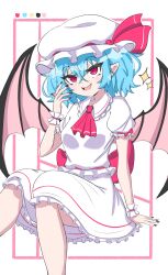 Rule 34 | 1girl, :d, absurdres, ascot, bat wings, blue hair, commentary, english commentary, hair ribbon, hat, hat ribbon, highres, open mouth, pointy ears, red ascot, red eyes, red ribbon, remilia scarlet, ribbon, shirt, short hair, simple background, skirt, smile, smug suriipi, solo, star (symbol), touhou, white hat, white shirt, white skirt, wings