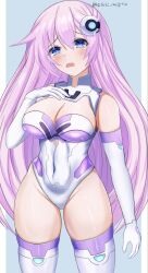 Rule 34 | 1girl, bare shoulders, blue eyes, blush, breasts, covered navel, curvy, elbow gloves, gloves, hair between eyes, highres, large breasts, leotard, long hair, looking at viewer, nepgear, neptune (series), pink hair, power symbol, purple hair, purple sister, skin tight, skindentation, solo, stiris rangetsu, symbol-shaped pupils, thick thighs, thighs, very long hair, white gloves, white leotard