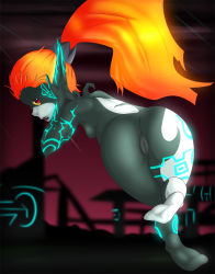 Rule 34 | 1girl, artist request, ass, fang, gradient background, highres, midna, nintendo, orange hair, pointy ears, pussy, red eyes, soles, the legend of zelda, the legend of zelda: twilight princess, uncensored