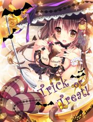 Rule 34 | 1girl, animal ears, bare shoulders, bell, between breasts, blush, braid, breasts, brown eyes, brown hair, cat ears, cat tail, chocolate, fang, hair ornament, halloween, hat, large breasts, long hair, looking at viewer, nipples, original, shiromochi sakura, side braid, single braid, smile, solo, spoon, striped clothes, striped thighhighs, tail, tail bell, tail ornament, thighhighs, twintails, witch hat, wrist cuffs