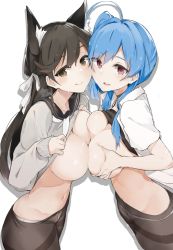 Rule 34 | 2girls, :p, ahoge, animal ear fluff, animal ears, atago (azur lane), atago (school traumerei) (azur lane), azur lane, black hair, black legwear, blue hair, blush, breast press, breasts, brown eyes, cardigan, clothes lift, commentary request, extra ears, highres, kantai collection, large breasts, lifted by self, long hair, looking at viewer, multiple girls, muteki soda, navel, no pants, open clothes, panties, panties under pantyhose, pantyhose, parted lips, purple eyes, ribbon, simple background, st. louis (azur lane), symmetrical docking, thighband pantyhose, tongue, tongue out, underwear, uniform, white background, white ribbon, yuri
