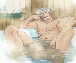 Rule 34 | 1boy, bara, bath, censored, convenient censoring, lowres, male focus, masanori, nude, one piece, partially submerged, smoker (one piece), smoking, solo, steam