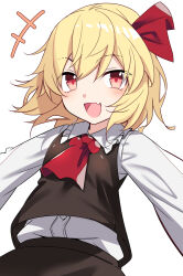 Rule 34 | 1girl, :d, ascot, blonde hair, commentary request, e.o., fang, hair ribbon, highres, long sleeves, looking at viewer, open mouth, red ascot, red eyes, red ribbon, ribbon, rumia, shirt, short hair, simple background, skin fang, smile, solo, touhou, white background, white shirt