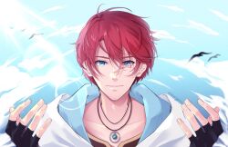 Rule 34 | 1boy, adol christin, ahoge, artist name, bird, black gloves, blue eyes, blue sky, cloud, commentary, double-parted bangs, english commentary, fingerless gloves, gloves, hair between eyes, highres, jewelry, maskyarts, pendant, portrait, red hair, short hair, sky, smile, solo, upper body, ys, ys x nordics