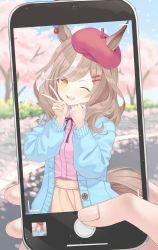 absurdres animal_ears beret blurry blurry_background breasts brown_hair cabbie_hat cellphone cherry_blossoms ears_through_headwear hair_ornament hairclip hat highres horse_ears matikane_tannhauser_(umamusume) medium_breasts medium_hair one_eye_closed open_mouth phone pov pov_hands ssalgolae umamusume v yellow_eyes