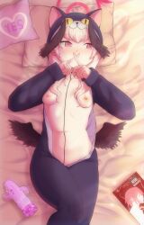 Rule 34 | 1girl, absurdres, alternate costume, animal costume, animal ears, animal hood, bed, bed sheet, black wings, blue archive, blush, breasts, cat hood, come hither, feathered wings, halo, haniwa (statue), head wings, highres, hood, hood up, koharu (blue archive), long sleeves, looking to the side, low wings, lying, manga (object), miu (miusnama), naked costume, nipples, on back, on bed, pajamas, pink eyes, pink hair, pornography, small breasts, solo, wings, x fingers, yes-no pillow