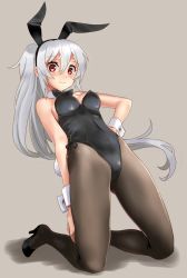 Rule 34 | 1girl, animal ears, bare shoulders, black bow, black bowtie, black leotard, black pantyhose, bow, bowtie, breasts, commentary request, detached collar, fake animal ears, full body, grey background, highres, katahira masashi, kneeling, leaning back, leotard, long hair, looking at viewer, original, pantyhose, playboy bunny, ponytail, rabbit ears, rabbit tail, red eyes, silver hair, simple background, small breasts, solo, strapless, strapless leotard, tail, wrist cuffs