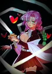Rule 34 | 1girl, black thighhighs, braid, breasts, cowboy shot, gradient hair, green eyes, heart, holding, holding sword, holding weapon, kanroji mitsuri, kimetsu no yaiba, large breasts, lips, long hair, looking at viewer, mole, multicolored hair, open clothes, open shirt, parted lips, pink hair, pleated skirt, skirt, solo, sword, thighhighs, uniform, weapon, yoooooo-z