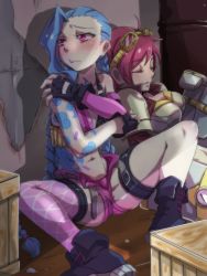 Rule 34 | 2girls, anime coloring, armor, blue hair, blush, braid, breast envy, breasts, brick wall, cleavage, covering privates, covering breasts, crop top, cropped jacket, denim, denim shorts, elbow gloves, embarrassed, fingerless gloves, fishnet legwear, fishnets, flat chest, floor, gauntlets, gloves, goggles, hairline, jinx (league of legends), league of legends, long hair, looking to the side, midriff, mori shin risuku, multiple girls, nose blush, pink hair, short hair, shorts, shoulder armor, single thighhigh, sitting, sleeping, sleeping upright, pauldrons, tattoo, thighhighs, twin braids, vi (league of legends), wavy mouth