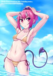 Rule 34 | 1girl, absurdres, armpit focus, armpits, arms up, bare arms, bare shoulders, bikini, blue sky, breasts, cameltoe, cleft of venus, closed mouth, day, demon horns, demon tail, dutch angle, geewhy, hair bobbles, hair ornament, hands up, highres, horns, lake, looking at viewer, medium breasts, navel, original, outdoors, pink hair, ponytail, red eyes, side-tie bikini bottom, sky, solo, standing, swimsuit, tail, wading, yellow bikini