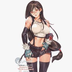 Rule 34 | 1girl, abs, asymmetrical bangs, bare shoulders, belt, black hair, black thighhighs, breasts, collarbone, earrings, elbow gloves, feather trim, final fantasy, final fantasy vii, final fantasy vii remake, fingerless gloves, glasses, gloves, jet kimchrea, jewelry, large breasts, long hair, low-tied long hair, midriff, navel, open mouth, red eyes, shirt, simple background, skirt, smile, solo, sports bra, suspender skirt, suspenders, teeth, thighhighs, tifa lockhart, upper body, upper teeth only, white background, white shirt