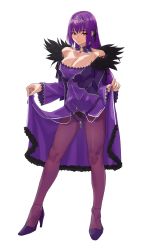 Rule 34 | 1girl, blush, breasts, chela77, cleavage, clothes lift, dress, dress lift, fate/grand order, fate (series), feather trim, fur-trimmed dress, fur trim, hair between eyes, headpiece, high heels, highres, large breasts, lifted by self, panties, pantyhose, pantyshot, purple dress, purple hair, red eyes, revision, scathach (fate), scathach skadi (fate), simple background, solo, tiara, underwear, white background