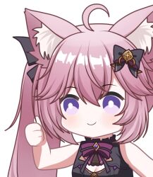Rule 34 | 1girl, ahoge, animal ear fluff, animal ears, aprob (meme), black bow, black dress, bow, bowtie, bright pupils, cat ears, cat girl, chibi, cleavage cutout, close-up, clothing cutout, dress, hair bow, long hair, meme, nyatasha nyanners, nyatasha nyanners (6th costume), pink hair, purple bow, purple bowtie, purple eyes, smile, solo, thumbs up, twintails, virtual youtuber, vshojo, white pupils, zephylyne