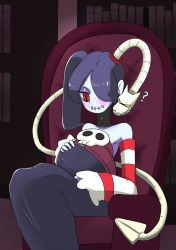 Rule 34 | 1girl, ?, absurdres, blue hair, blue skin, blush, chair, colored skin, covered navel, detached collar, detached sleeves, drawfag, dress, hair over one eye, highres, leviathan (skullgirls), looking down, pregnant, red eyes, skullgirls, smile, solo, squigly (skullgirls), stitched mouth, stitches