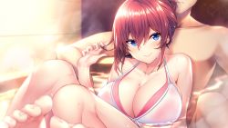 Rule 34 | 1girl, adjusting hair, azarashi soft, barefoot, bathroom, bathtub, bikini, blue eyes, blurry, blurry foreground, blush, breasts, cleavage, closed mouth, clothed female nude male, feet, game cg, hair between eyes, hair bun, happy, height difference, highres, indoors, large breasts, legs, light blush, looking at viewer, mixed-sex bathing, mole, mole on breast, nakatama kyou, nude, ousaka ayane, partially submerged, red hair, shared bathing, single hair bun, sitting, smile, steam, swimsuit, thighs, toes, toshishita kanojo, water, wet, wet clothes
