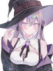 Rule 34 | 1girl, black jacket, blush, breasts, cleavage, cleavage cutout, clothing cutout, commentary, commission, gem, harusame spica, hat, highres, indie virtual youtuber, jacket, long hair, looking at viewer, medium breasts, open clothes, open jacket, purple eyes, purple gemstone, purple hair, skeb commission, solo, twintails, virtual youtuber, witch hat, yomogi mogu