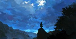 Rule 34 | 1other, backlighting, blue sky, blue theme, cloud, cloudy sky, day, facing away, forest, from behind, kitsune (kazenouta), leaf, long sleeves, mountain, nature, original, outdoors, scenery, short hair, sky, solo, standing, tree, wide shot, wind