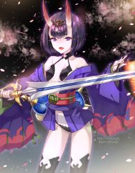 Rule 34 | 1girl, bad id, bad pixiv id, black thighhighs, breasts, cowboy shot, fangs, fate/grand order, fate (series), holding, holding sword, holding weapon, horns, japanese clothes, kimono, looking at viewer, open mouth, petals, pixiv id, purple eyes, purple hair, purple kimono, revealing clothes, short hair, short kimono, shuten douji (fate), skin-covered horns, small breasts, smile, solo, sword, thick eyebrows, thighhighs, trianon, watermark, weapon, web address
