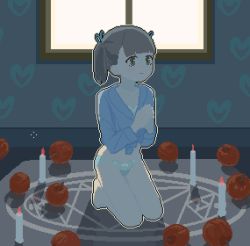 Rule 34 | 1girl, animated, animated gif, apple, candle, english text, female focus, fire, fire, food, fruit, indoors, kneeling, magic circle, original, own hands together, panties, peco-pech, pixel art, praying, shirt, short twintails, solo, talking, tied shirt, twintails, underwear, white panties, window