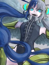 Rule 34 | 1girl, ado (utaite), aircraft, airplane, aqua eyes, armor, armored boots, artist request, bare shoulders, black leotard, blade, blue hair, boots, breasts, cape, crown, devil fruit, dress, feather trim, feathers, female focus, fortissimo, fur trim, gauntlets, gloves, glowing, glowing eyes, gold, grin, hair ornament, hair over one eye, headphones, highleg, highleg leotard, highres, idol, jet, jetpack, lance, large breasts, leotard, long hair, long sleeves, looking at viewer, multicolored hair, one piece, one piece film: red, polearm, shield, simple background, smile, solo, thick thighs, thighs, turtleneck, two-tone hair, upper body, uta (one piece), uta (one piece) cosplay, very long hair, weapon, white hair, wide hips
