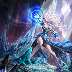 Rule 34 | 1girl, bahamut crisis, banner, blonde hair, blue dress, blurry, breasts, cleavage, column, depth of field, dragon, dress, eudia (serenity2200), flower, full body, glint, ice, legs apart, light rays, lipstick, long hair, looking at viewer, magic, makeup, medium breasts, official art, parted lips, pillar, puffy sleeves, purple eyes, standing, tattoo, thigh strap, tiara, velsa