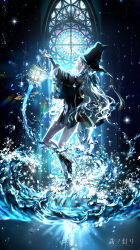 Rule 34 | 1girl, absurdres, arm up, black footwear, black jacket, black skirt, boots, floating, floating hair, from side, grey hair, hat, high heel boots, high heels, highres, holding, holding lantern, jacket, lantern, lens flare, light particles, long sleeves, looking up, mito w, original, pleated skirt, skirt, solo, sparkle, stained glass, thighs, water drop, watermark, window, witch hat