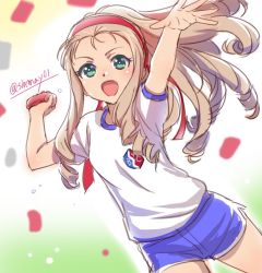 Rule 34 | 10s, 1girl, :d, ball, bc freedom (emblem), blonde hair, blue shorts, blurry, blurry background, drill hair, water drop, dutch angle, emblem, girls und panzer, green eyes, gym shirt, gym shorts, gym uniform, hairband, holding, long hair, looking at viewer, marie (girls und panzer), one-hour drawing challenge, open mouth, red hairband, shinmai (kyata), shirt, short shorts, shorts, smile, solo, standing, throwing, white shirt