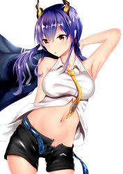 Rule 34 | 1girl, :o, absurdres, arknights, armpits, bare shoulders, belt, black shorts, blue belt, blue hair, blue panties, blush, breasts, ch&#039;en (arknights), collared shirt, commentary request, cowboy shot, dragon girl, dragon horns, groin, hair between eyes, highres, holding, holding clothes, holding jacket, horns, jacket, unworn jacket, kokihanada, lace, lace trim, long hair, looking at viewer, low twintails, medium breasts, midriff, multicolored neckwear, navel, necktie, neckwear request, open belt, open fly, panties, partially unbuttoned, red eyes, shirt, short shorts, shorts, sidelocks, simple background, sleeveless, sleeveless shirt, solo, standing, taut clothes, taut shirt, twintails, unbuckled, unbuttoned, underwear, unzipped, white background, white shirt, yellow necktie