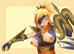 Rule 34 | 1girl, alternate costume, arm guards, arrow (projectile), assisted exposure, between breasts, blonde hair, blouse, blue eyes, blush, bow (weapon), braid, breasts, breasts out, corsair quinn, crossbow, eyepatch, highres, large breasts, league of legends, nipples, pixiv id 1698263, quinn (league of legends), shirt, siniao, solo, tearing clothes, torn clothes, torn shirt, turtleneck, twin braids, upper body, valor (league of legends), weapon