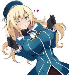Rule 34 | 1girl, :o, atago (kancolle), beret, black gloves, black shirt, blonde hair, blue hat, blue jacket, blush, breasts, gloves, green eyes, hat, heart, jacket, kantai collection, large breasts, long hair, looking at viewer, military, military uniform, nel-c, one eye closed, open mouth, pantyhose, shirt, simple background, smile, solo, tailcoat, uniform, white background, white neckwear