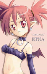 Rule 34 | bat wings, blush, breast hold, breasts, choker, demon girl, disgaea, earrings, elbow gloves, etna (disgaea), flat chest, gloves, jewelry, pointy ears, red eyes, red hair, solo, twintails, wings