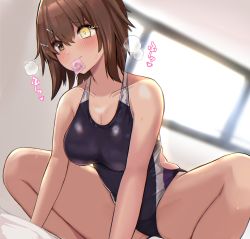 Rule 34 | 1girl, absurdres, blush, breasts, breath, brown eyes, brown hair, commentary request, competition swimsuit, condom, condom in mouth, condom wrapper, furutaka (kancolle), furutaka kai ni (kancolle), glowing, glowing eye, hair ornament, hairclip, hetero, highres, kantai collection, kihou no gotoku dmc, large breasts, mouth hold, one-piece swimsuit, short hair, solo, squatting, sweat, swimsuit, yellow eyes