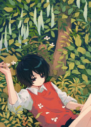 Rule 34 | 1boy, black hair, bush, closed mouth, collared shirt, flower, hand up, jitome, ka (marukogedago), leaf, long sleeves, lying, male focus, on back, original, red eyes, red vest, shirt, short hair, sleeves pushed up, solo, tree, vest, white flower, wing collar