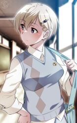 Rule 34 | 1girl, blonde hair, blue eyes, blush, brave witches, breasts, eila ilmatar juutilainen, em (totsuzen no hakike), hair ornament, hairclip, indoors, medium breasts, school, school uniform, short hair, solo, upper body, world witches series